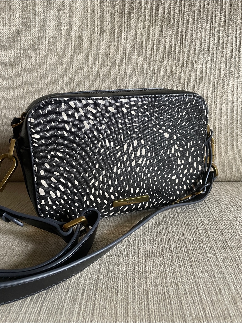 Fossil Black and White Speckled Bryce Small Crossbody Bag with Gold Hardware